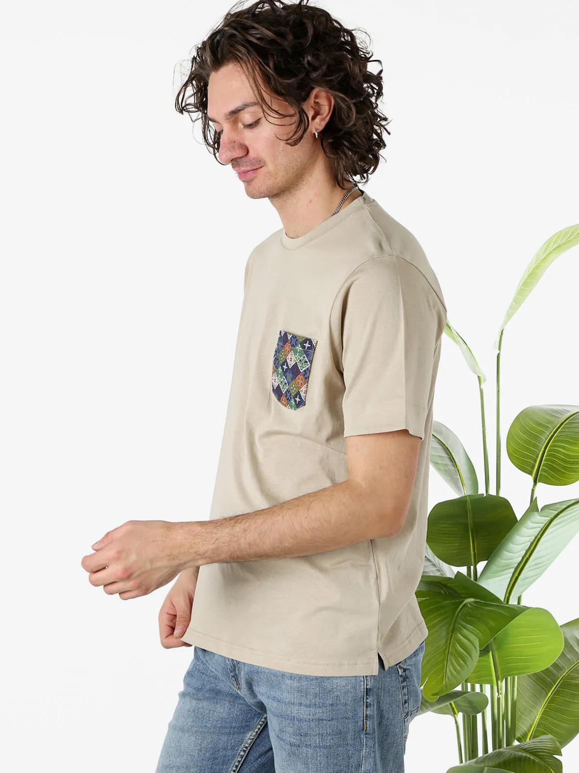 Bad Boys T-shirt girocollo da uomo in cotone con taschino decorato - sabbia