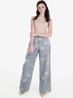 Baseventi Jeans donna fiorati a gamba larga