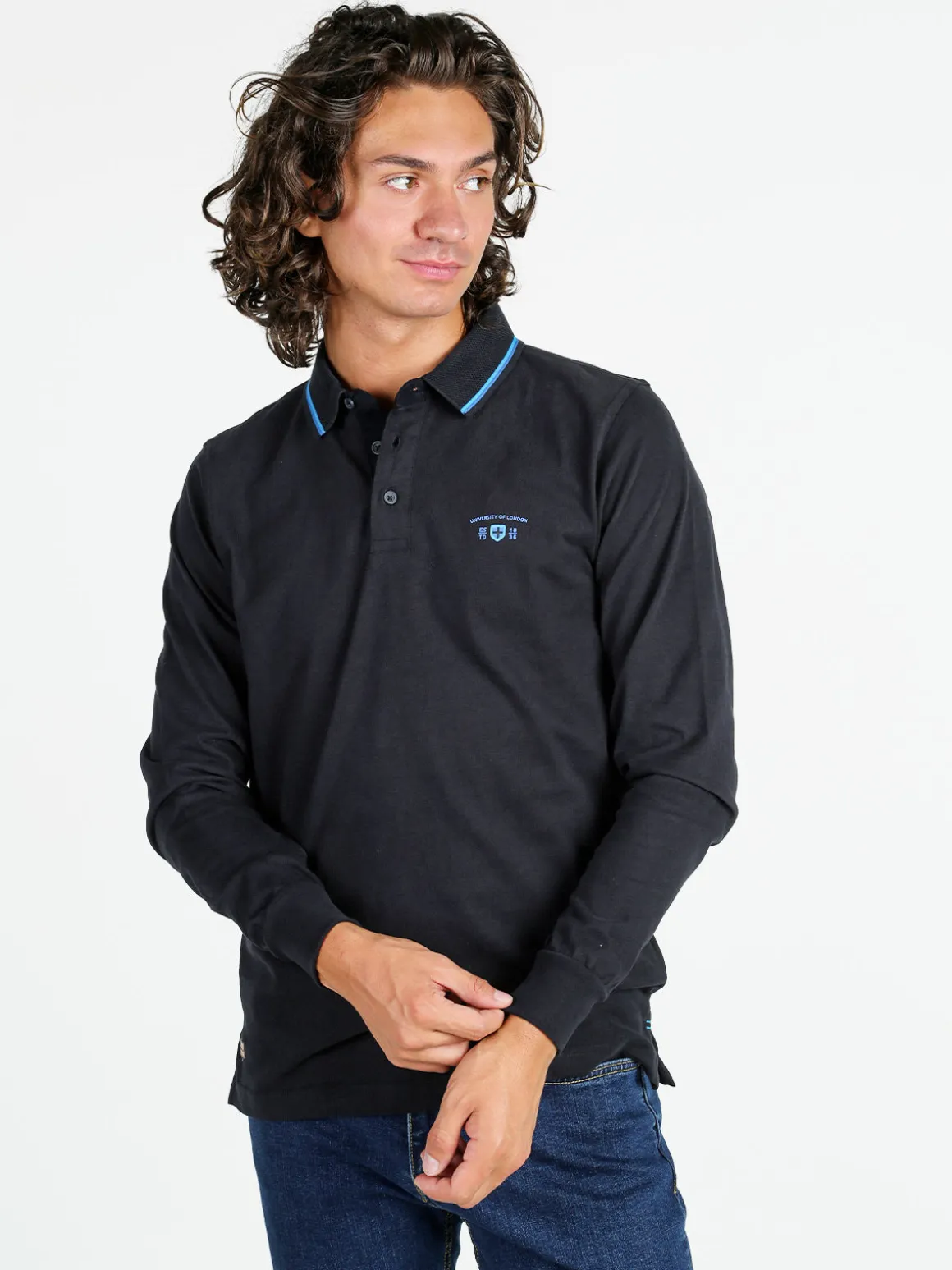 Be Board Polo da uomo a maniche lunghe in cotone - blu scuro