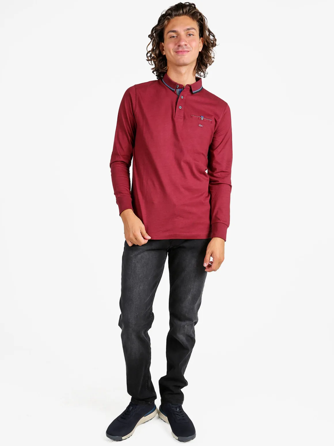 Be Board Polo da uomo a maniche lunghe con taschino - bordeaux