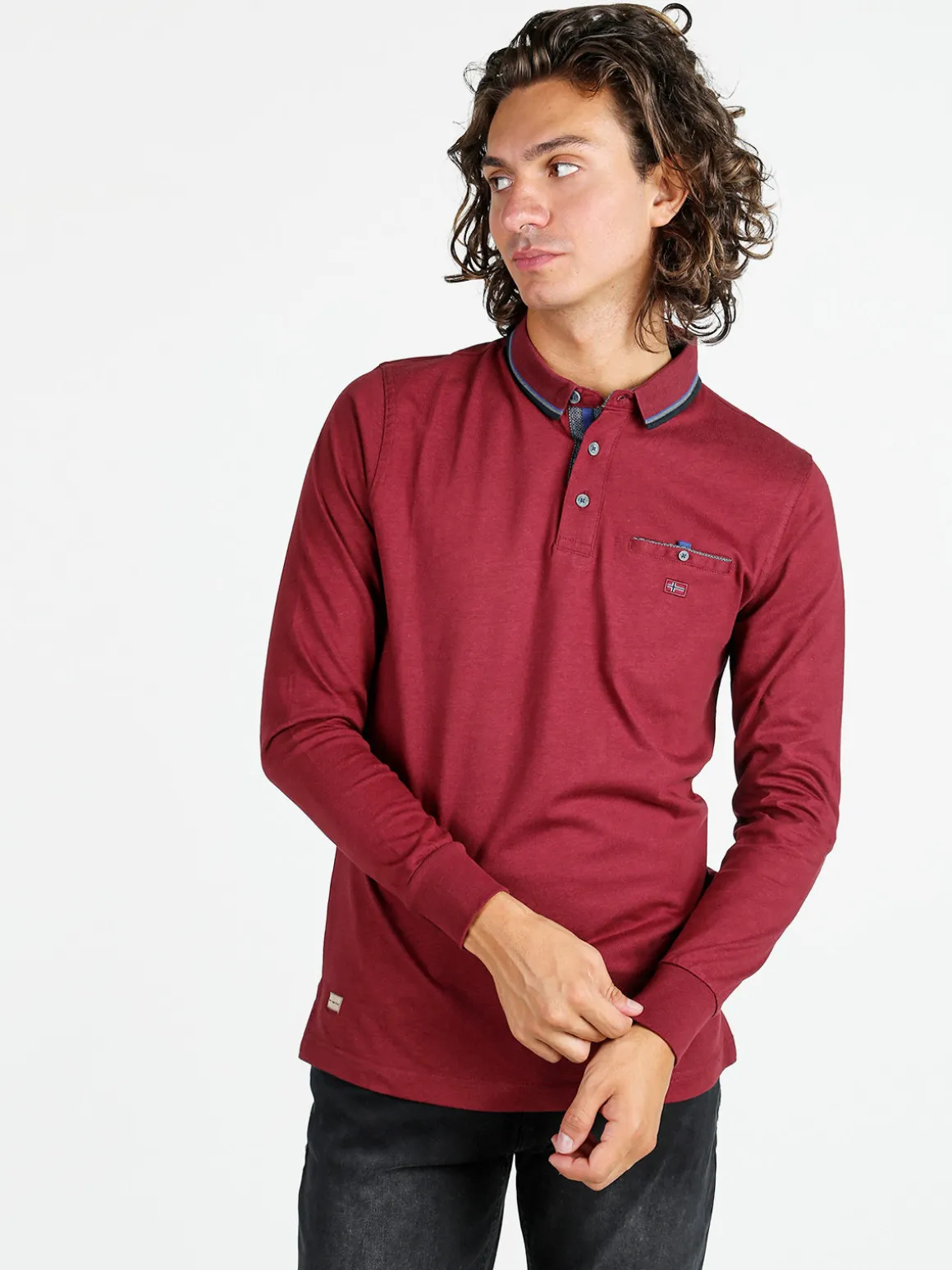 Be Board Polo da uomo a maniche lunghe con taschino - bordeaux