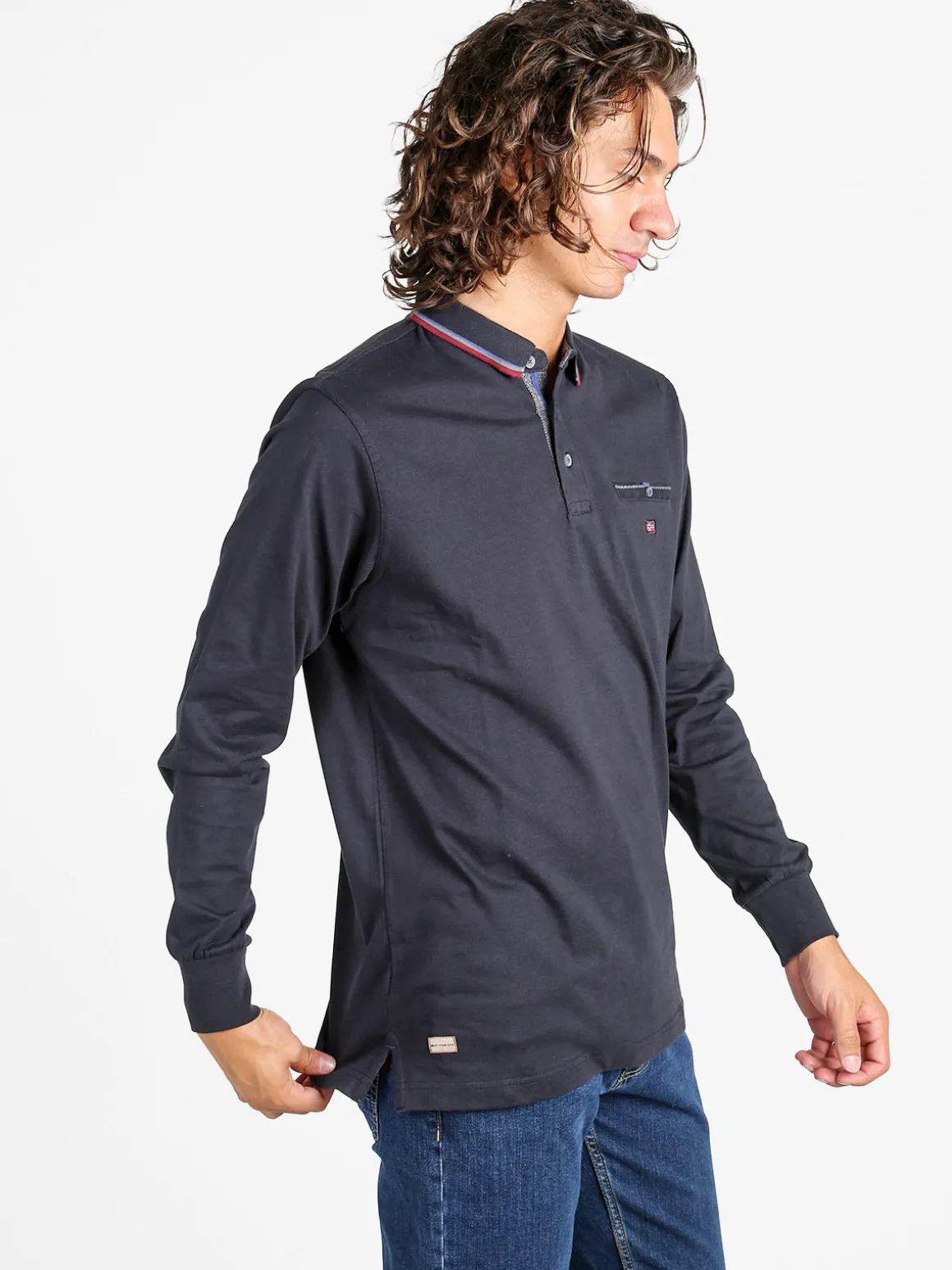 Be Board Polo da uomo a maniche lunghe con taschino - blu scuro