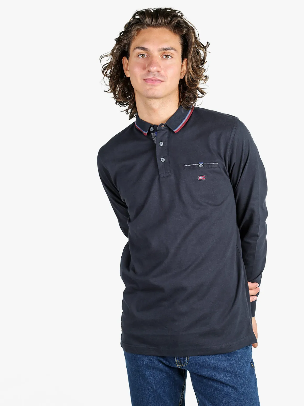 Be Board Polo da uomo a maniche lunghe con taschino - blu scuro