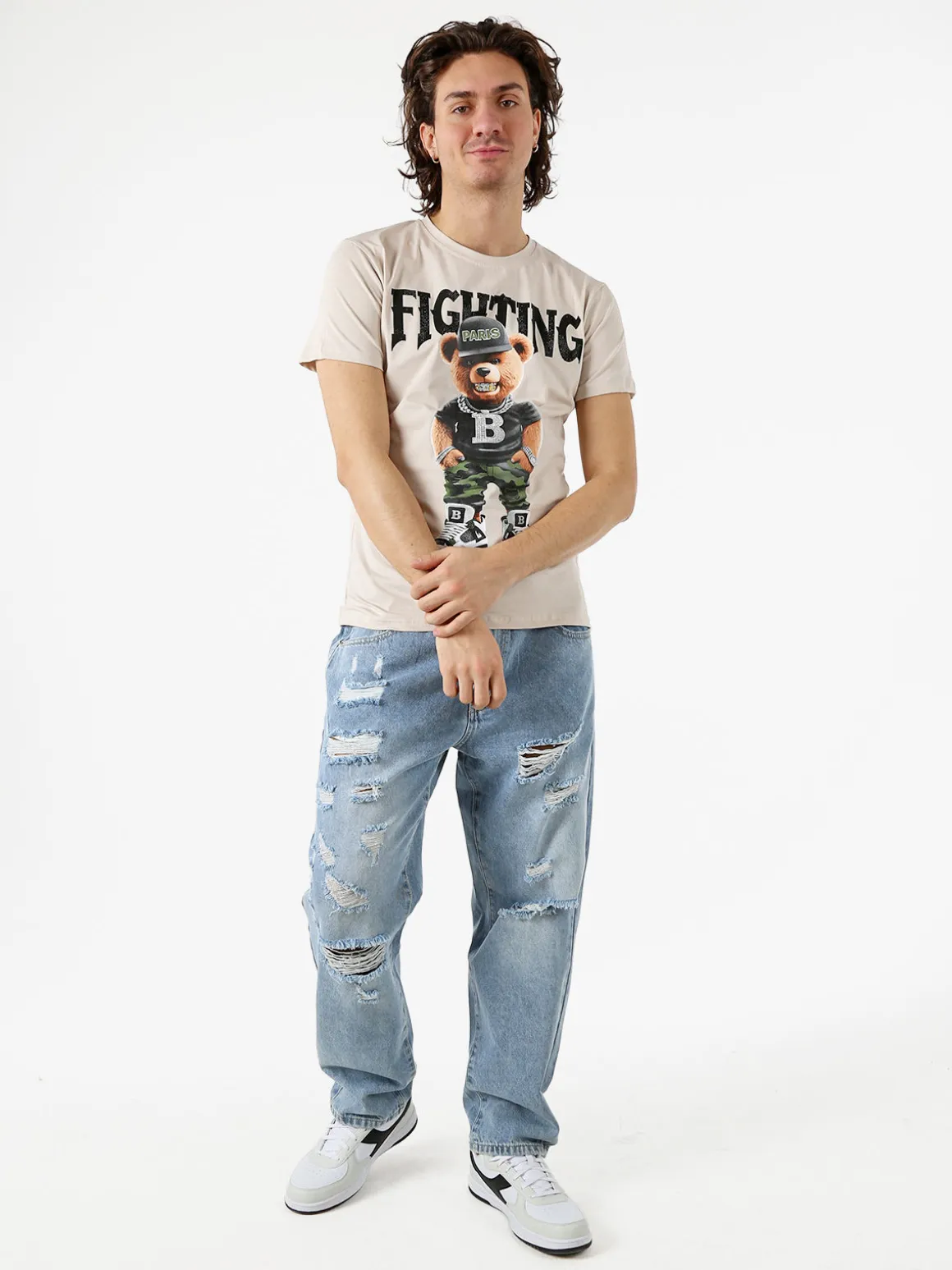 Belman T-shirt da uomo in cotone con stampa orsacchiotto - beige