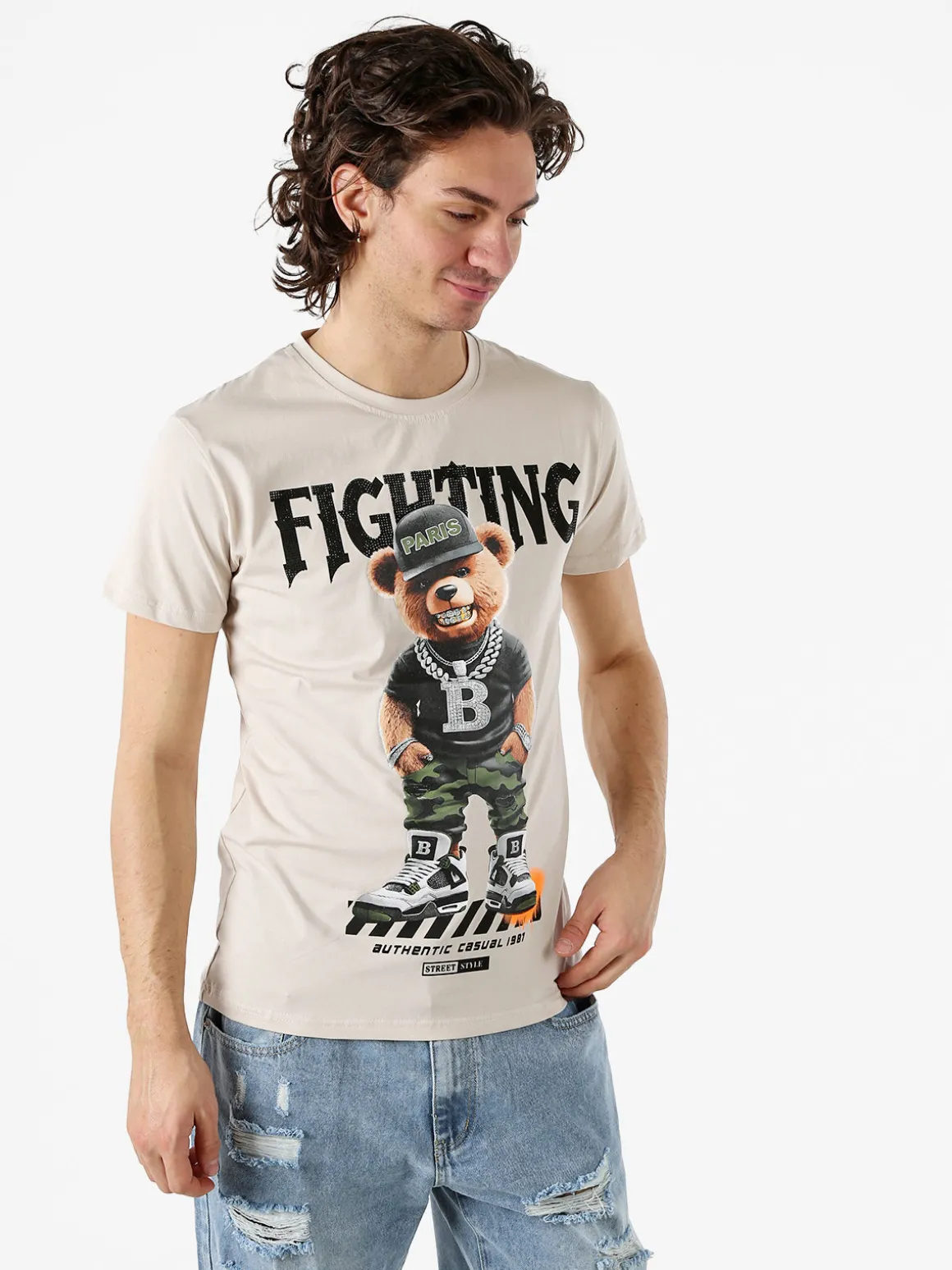 Belman T-shirt da uomo in cotone con stampa orsacchiotto - beige