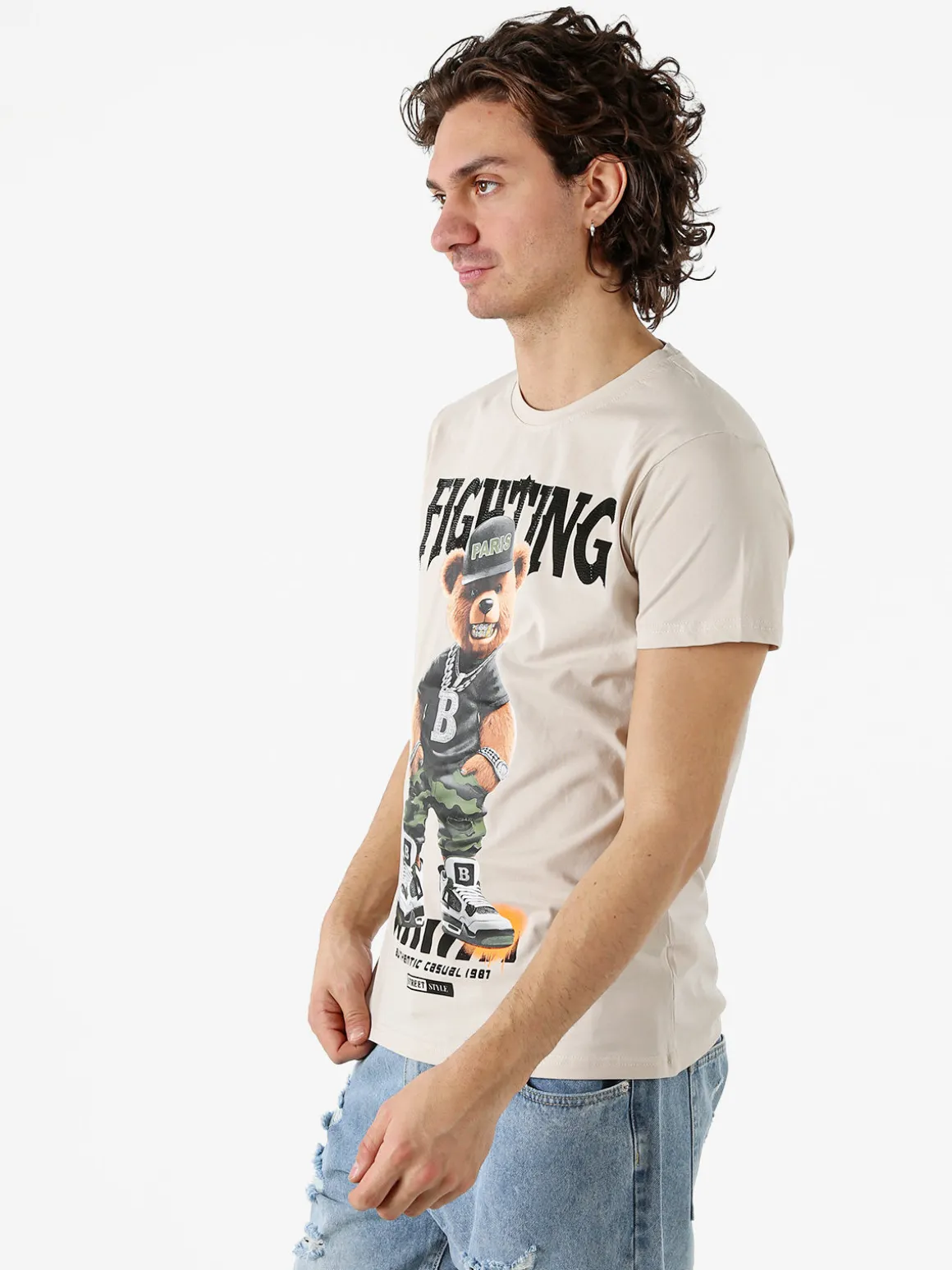 Belman T-shirt da uomo in cotone con stampa orsacchiotto - beige