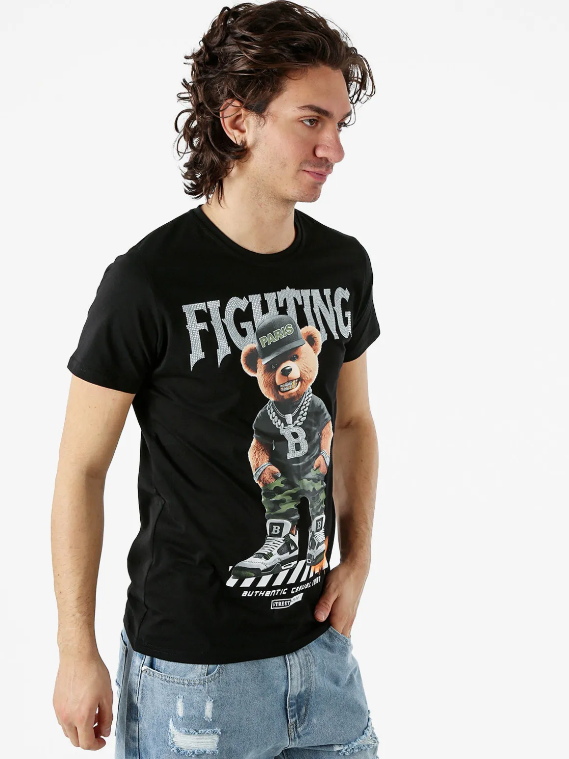 Belman T-shirt da uomo in cotone con stampa orsacchiotto - nero