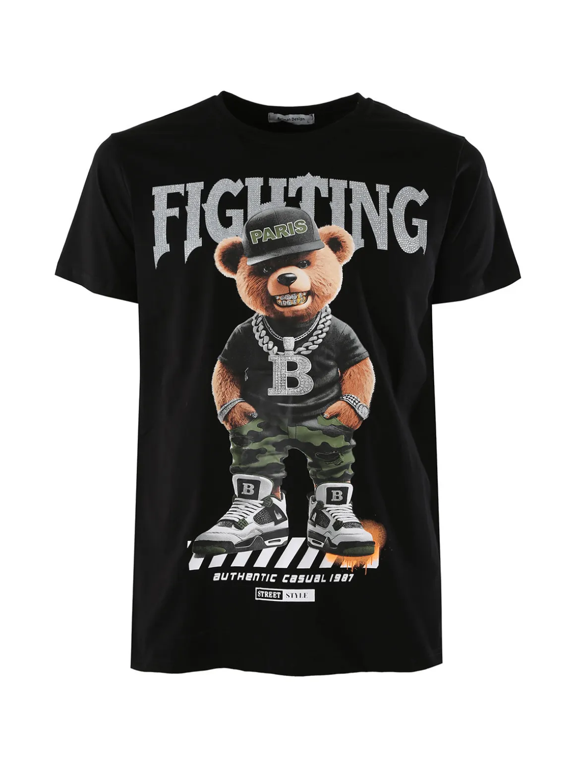 Belman T-shirt da uomo in cotone con stampa orsacchiotto - nero