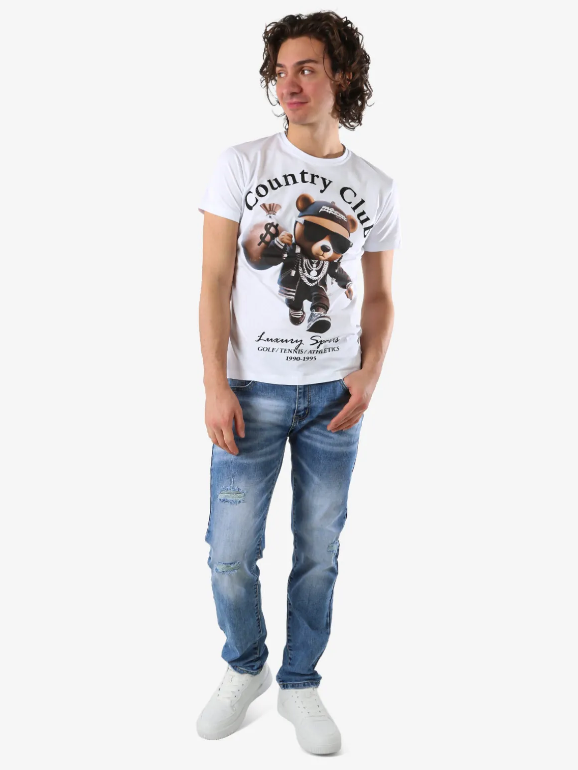 Belman T-shirt da uomo in cotone con stampa orsacchiotto - bianco