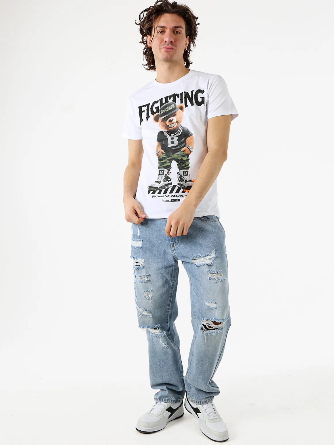 Belman T-shirt da uomo in cotone con stampa orsacchiotto - bianco