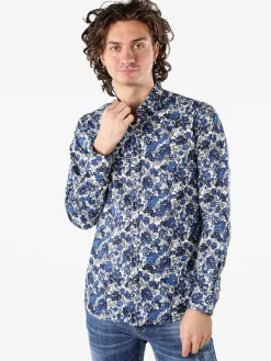 Black Number Camicia floreale da uomo in cotone a maniche lunghe - blu