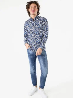 Black Number Camicia floreale da uomo in cotone a maniche lunghe - blu