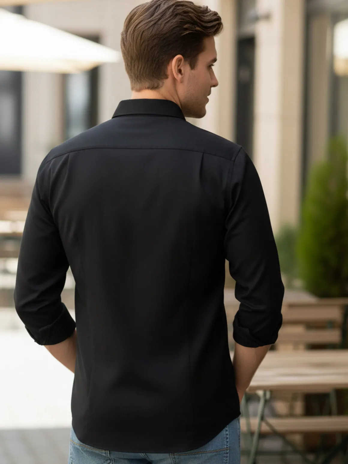 Bread & Buttons Camicia da uomo a maniche lunghe in tessuto elastico no stiro - nero