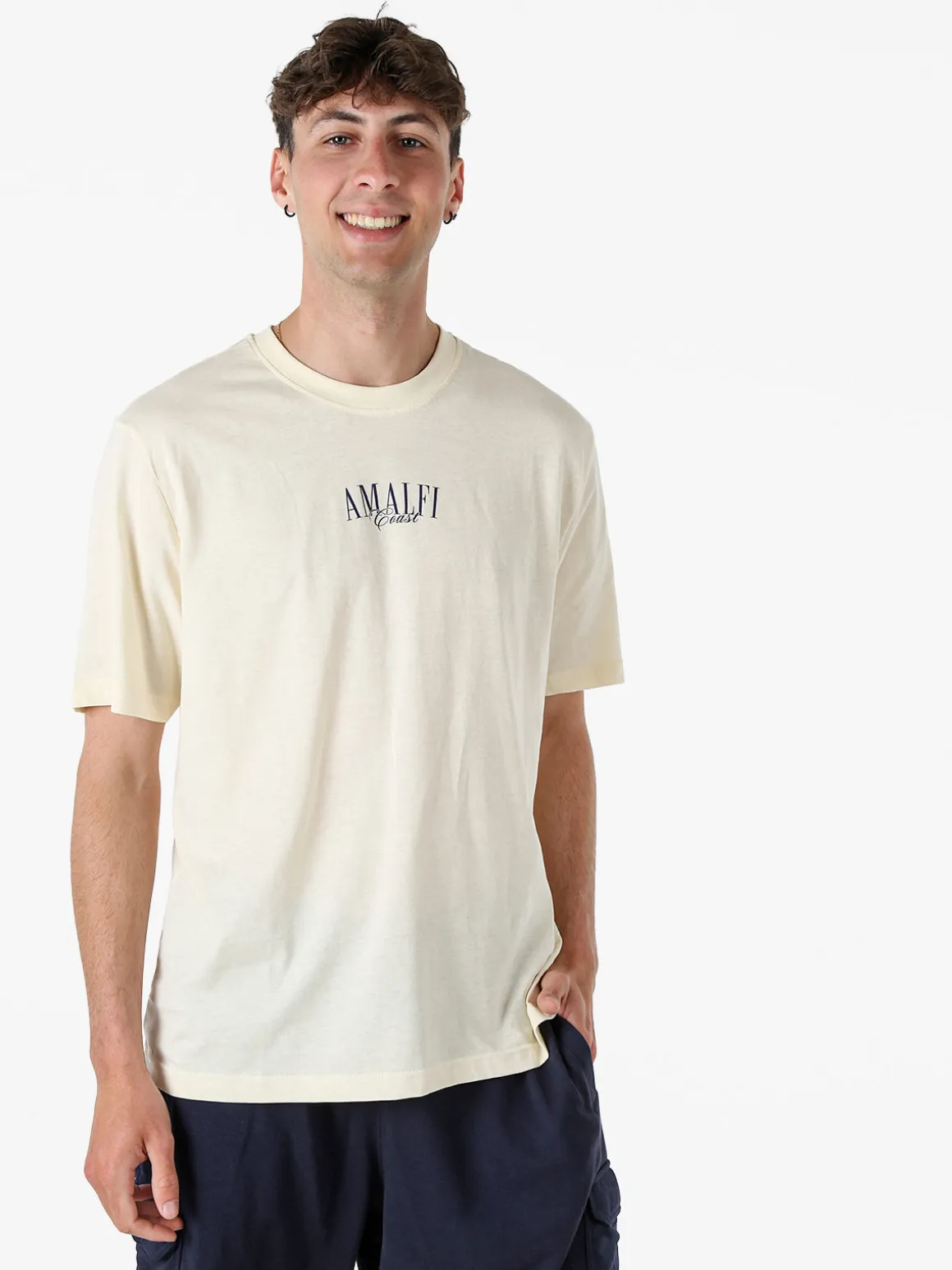 Buoncostume T-shirt in cotone da uomo con stampa AMALFI davanti e dietro - panna