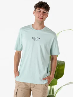 Buoncostume T-shirt in cotone da uomo con stampa AMALFI davanti e dietro - acqua marina