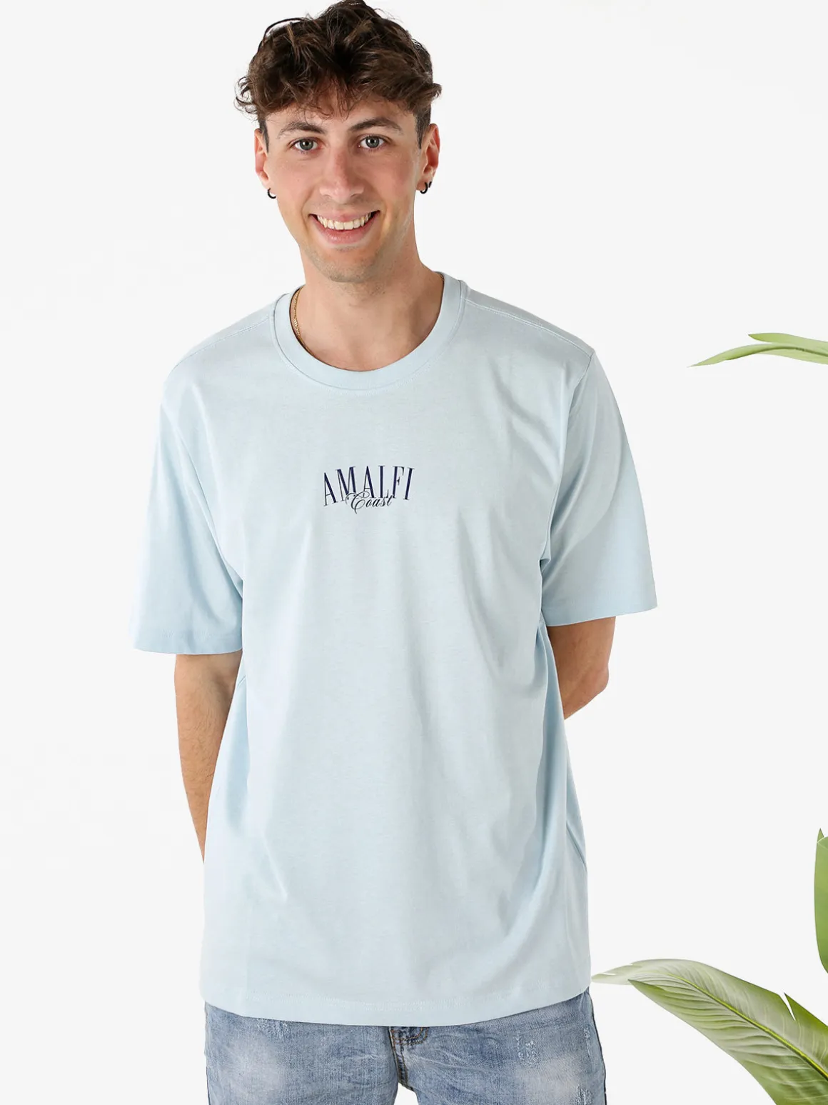 Buoncostume T-shirt in cotone da uomo con stampa AMALFI davanti e dietro - azzurro