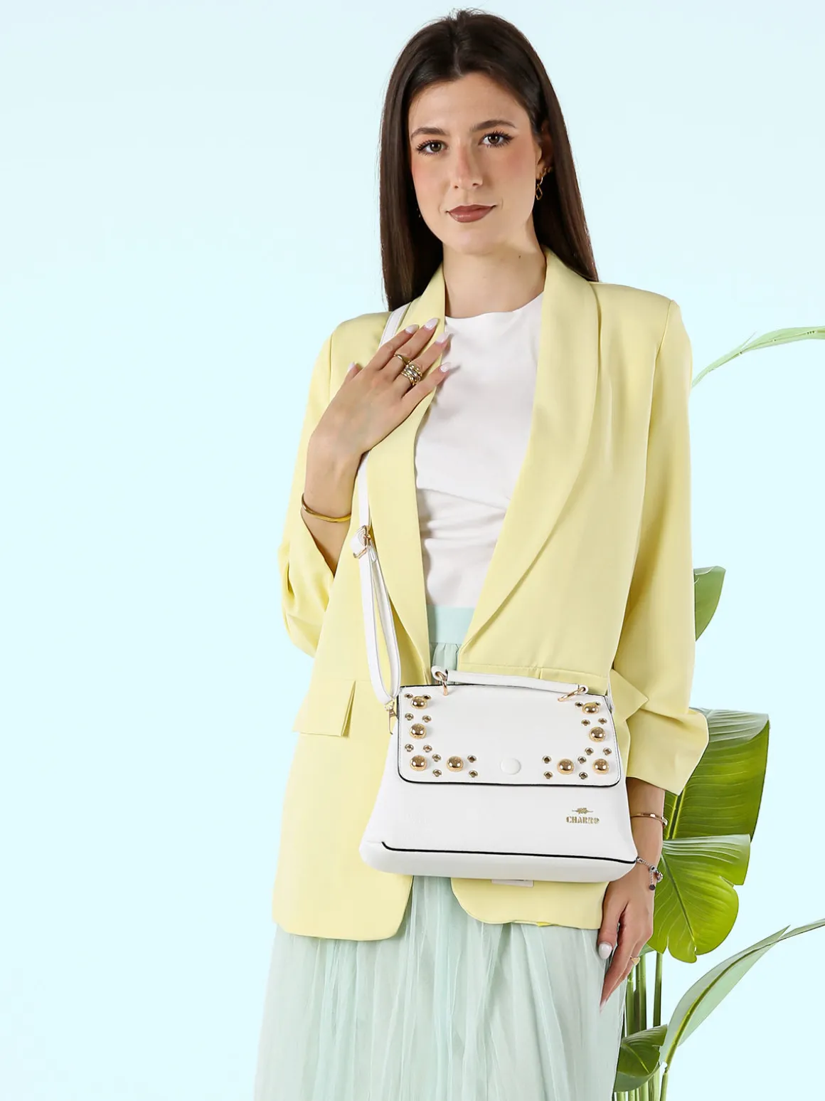 Charro Borsa frame con tracolla e borchie - bianco