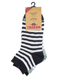 Charro Confezione da 3 paia di calze sneakers a righe da donna in cotone