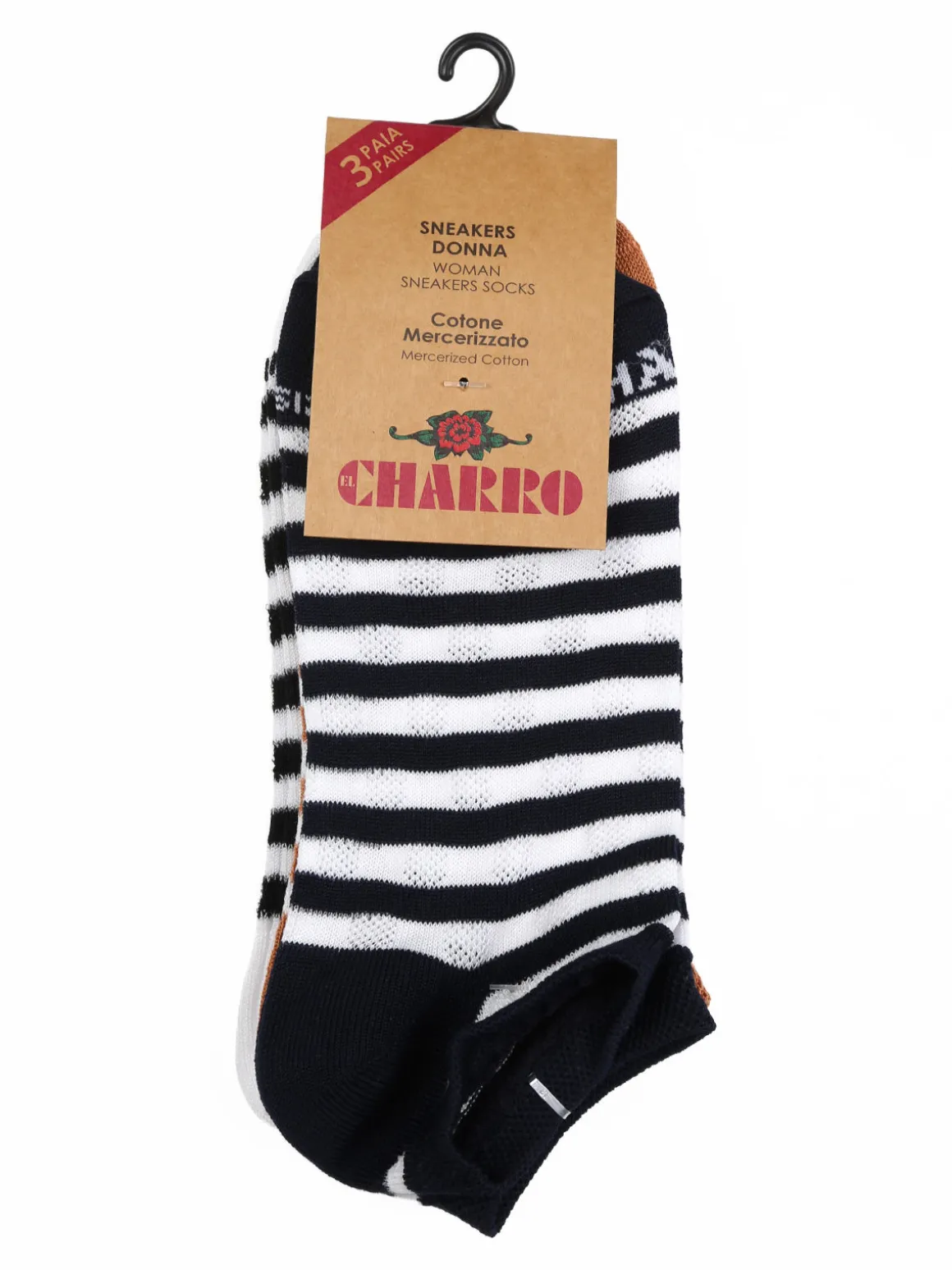 Charro Confezione da 3 paia di calze sneakers a righe da donna in cotone