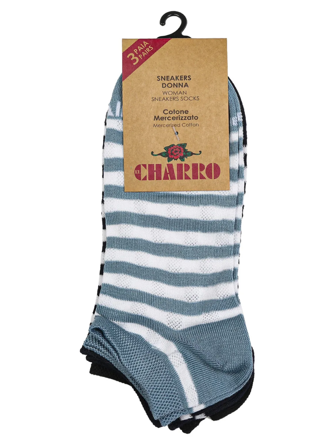 Charro Confezione da 3 paia di calze sneakers a righe da donna in cotone