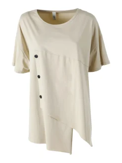 158c Maxi t-shirt da donna asimmetrica in cotone elasticizzato con bottoni decorativi - beige