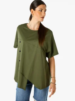 158c Maxi t-shirt da donna asimmetrica in cotone elasticizzato con bottoni decorativi - militare