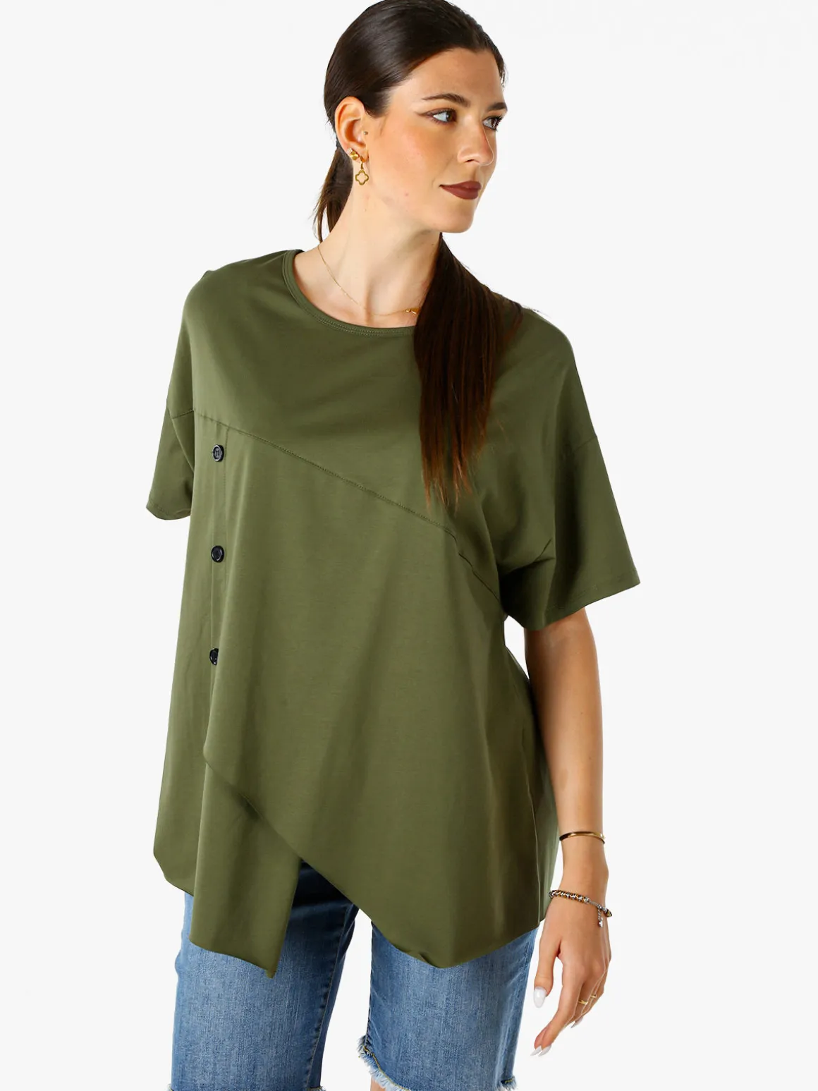158c Maxi t-shirt da donna asimmetrica in cotone elasticizzato con bottoni decorativi - militare
