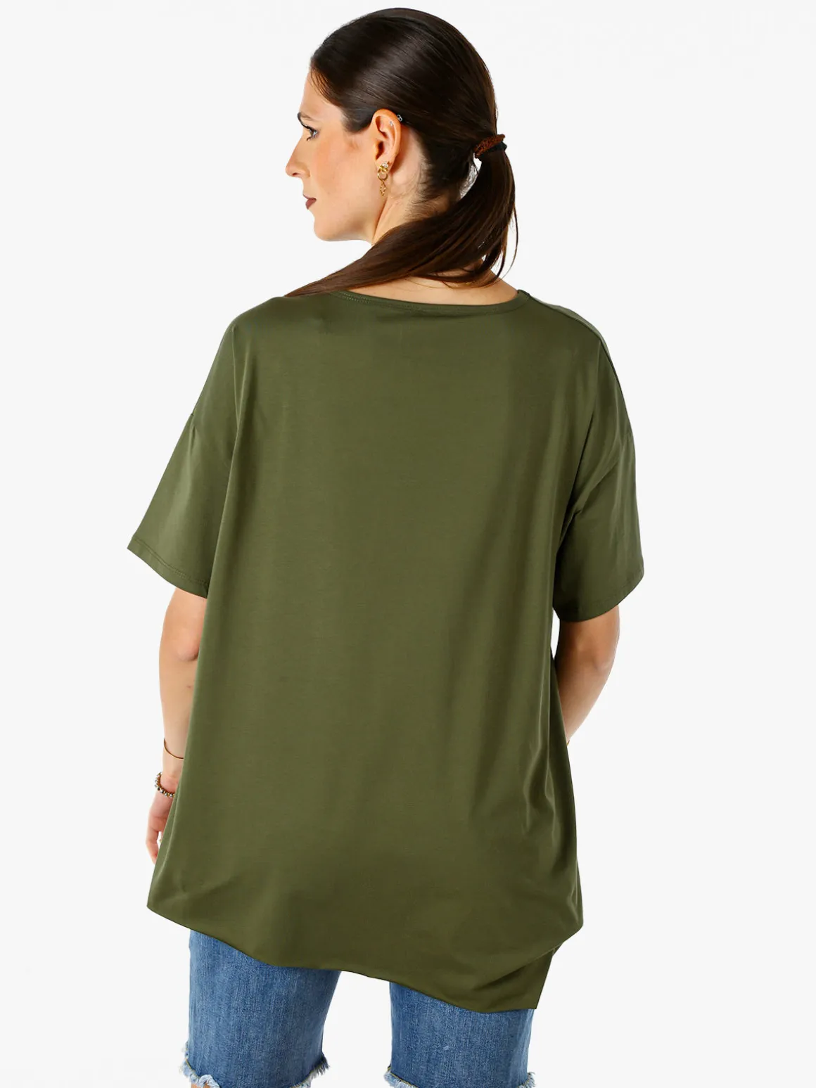 158c Maxi t-shirt da donna asimmetrica in cotone elasticizzato con bottoni decorativi - militare