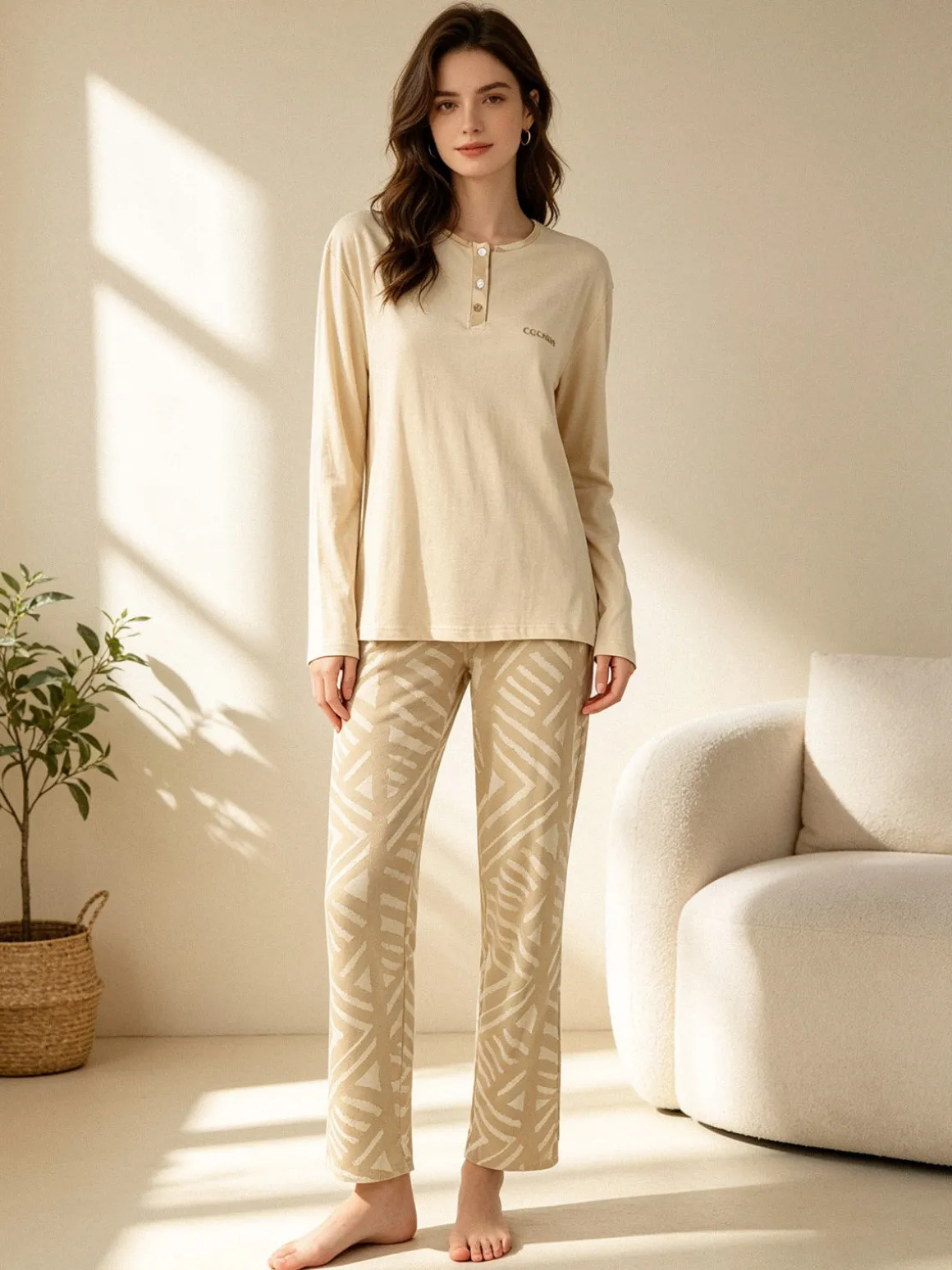 Coconuda Pigiama lungo da donna in cotone - beige