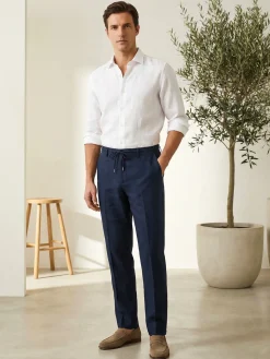 Cotton Belt Pantaloni uomo in misto lino con coulisse - blu scuro