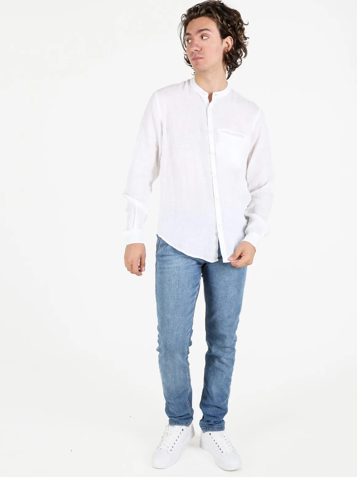 Coveri Collection Camicia in lino da uomo alla coreana con maniche lunghe