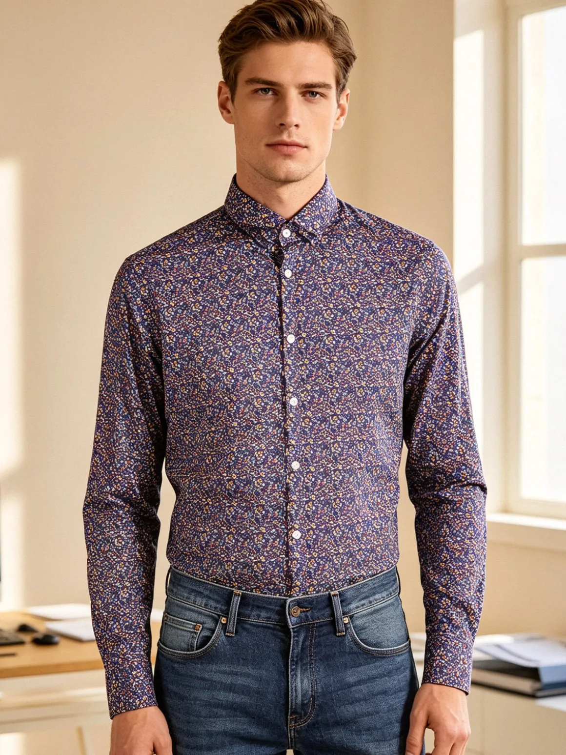 Coveri Collection Camicia uomo fiorata a maniche lunghe semi slim fit