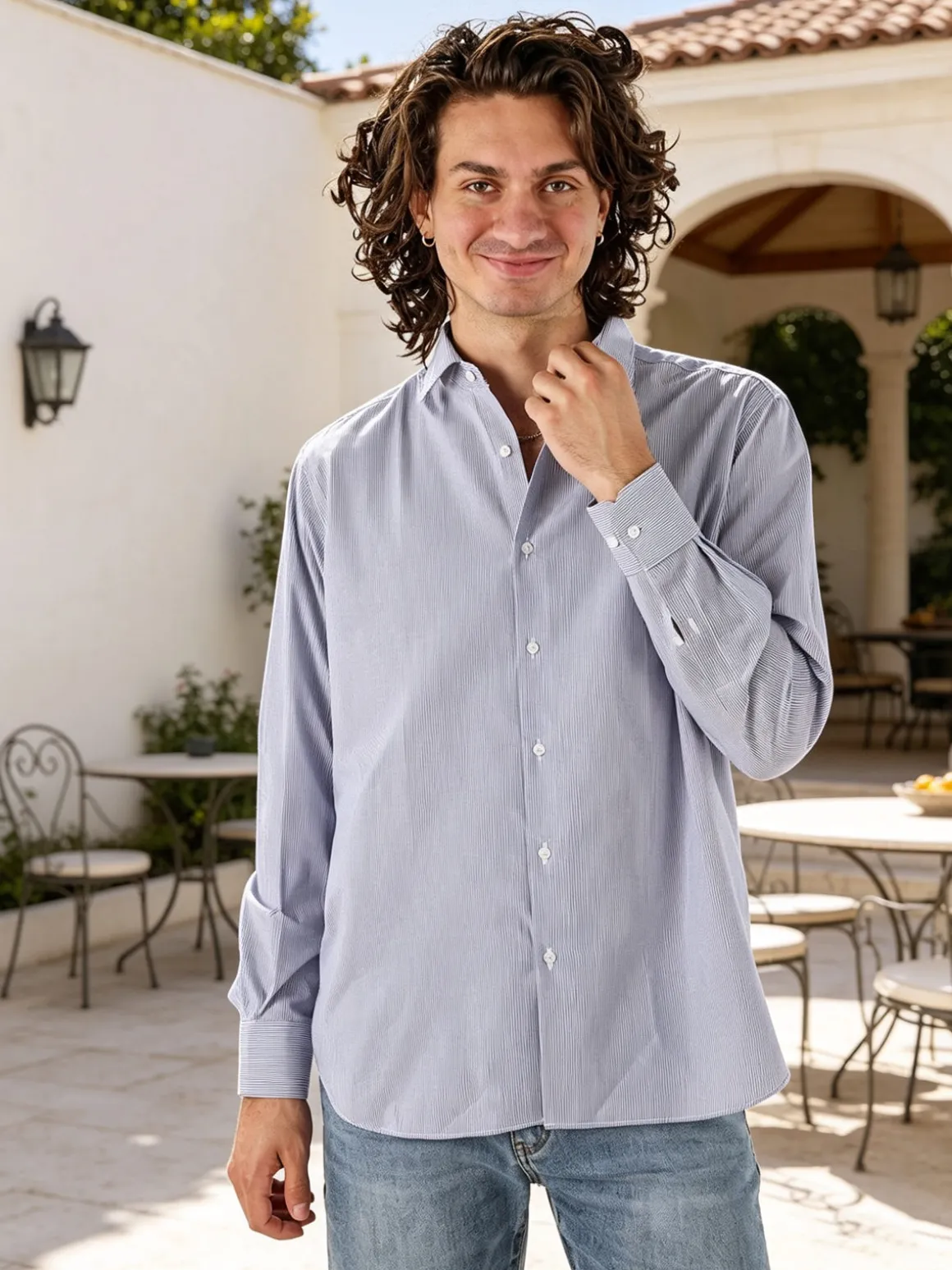 Coveri Moving Camicia da uomo in cotone regular fit con stampa a righe strette e maniche lunghe - blu