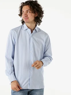 Coveri Moving Camicia da uomo in cotone regular fit con stampa a righe strette e maniche lunghe - azzurro
