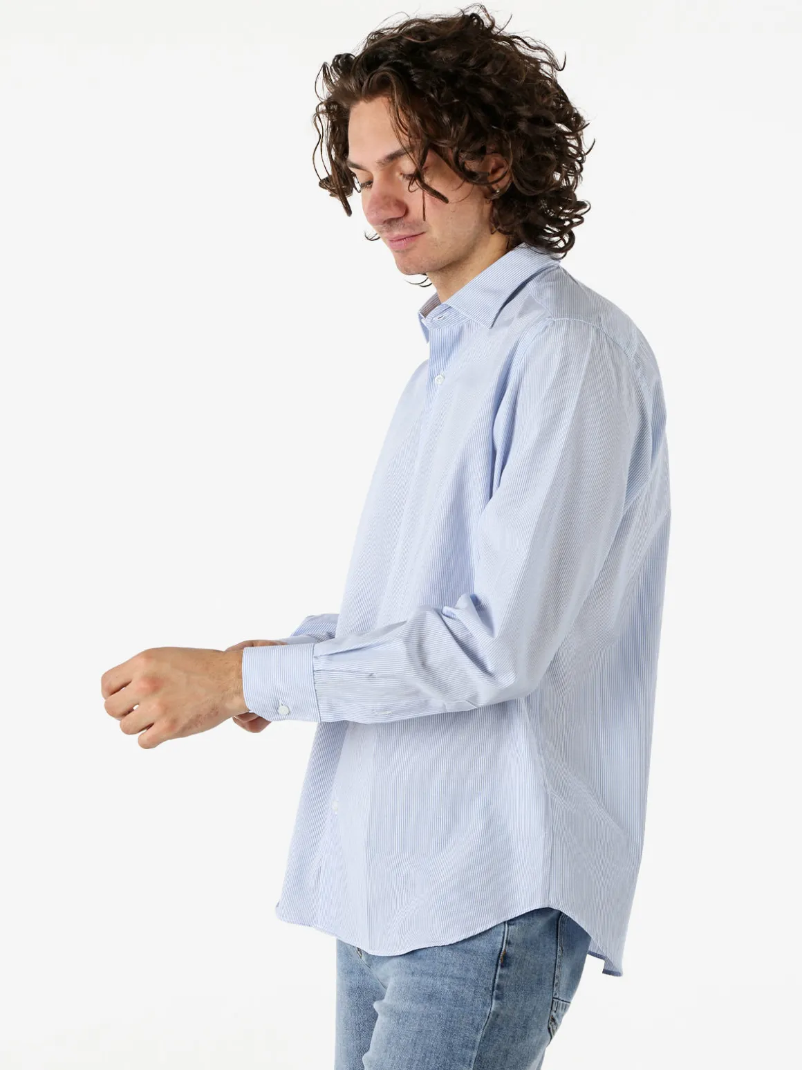 Coveri Moving Camicia da uomo in cotone regular fit con stampa a righe strette e maniche lunghe - azzurro
