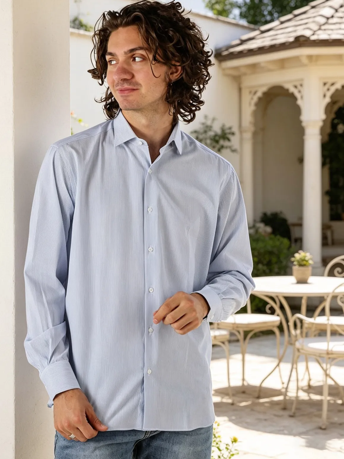 Coveri Moving Camicia da uomo in cotone regular fit con stampa a righe strette e maniche lunghe - azzurro