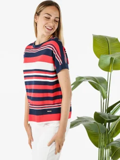 Coveri Moving Maglia donna rigata a maniche corte con bottoni decorativi - fragola