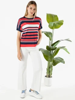 Coveri Moving Maglia donna rigata a maniche corte con bottoni decorativi - fragola