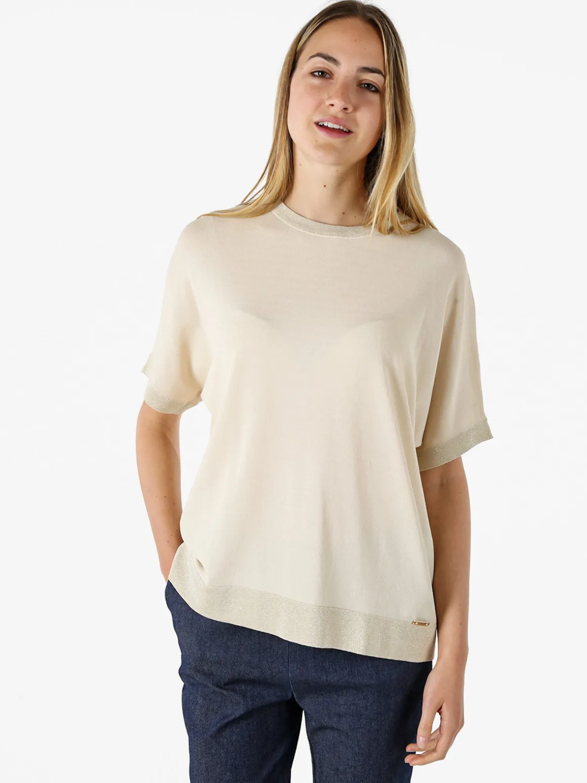 Coveri Moving Maglia girocollo da donna a maniche corte con dettagli lurex - beige
