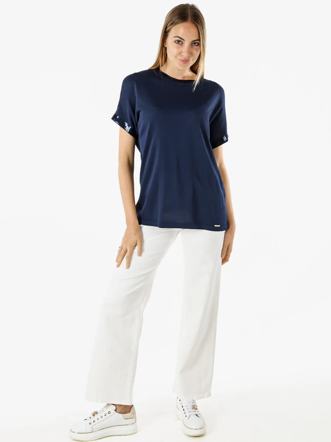 Coveri Moving Maglia girocollo da donna a maniche corte con paillettes decorative - blu scuro