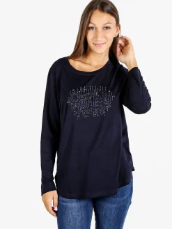 Coveri Moving T-shirt donna a maniche lunghe con strass - blu scuro