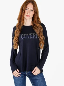 Coveri Moving T-shirt donna a maniche lunghe con strass - blu scuro