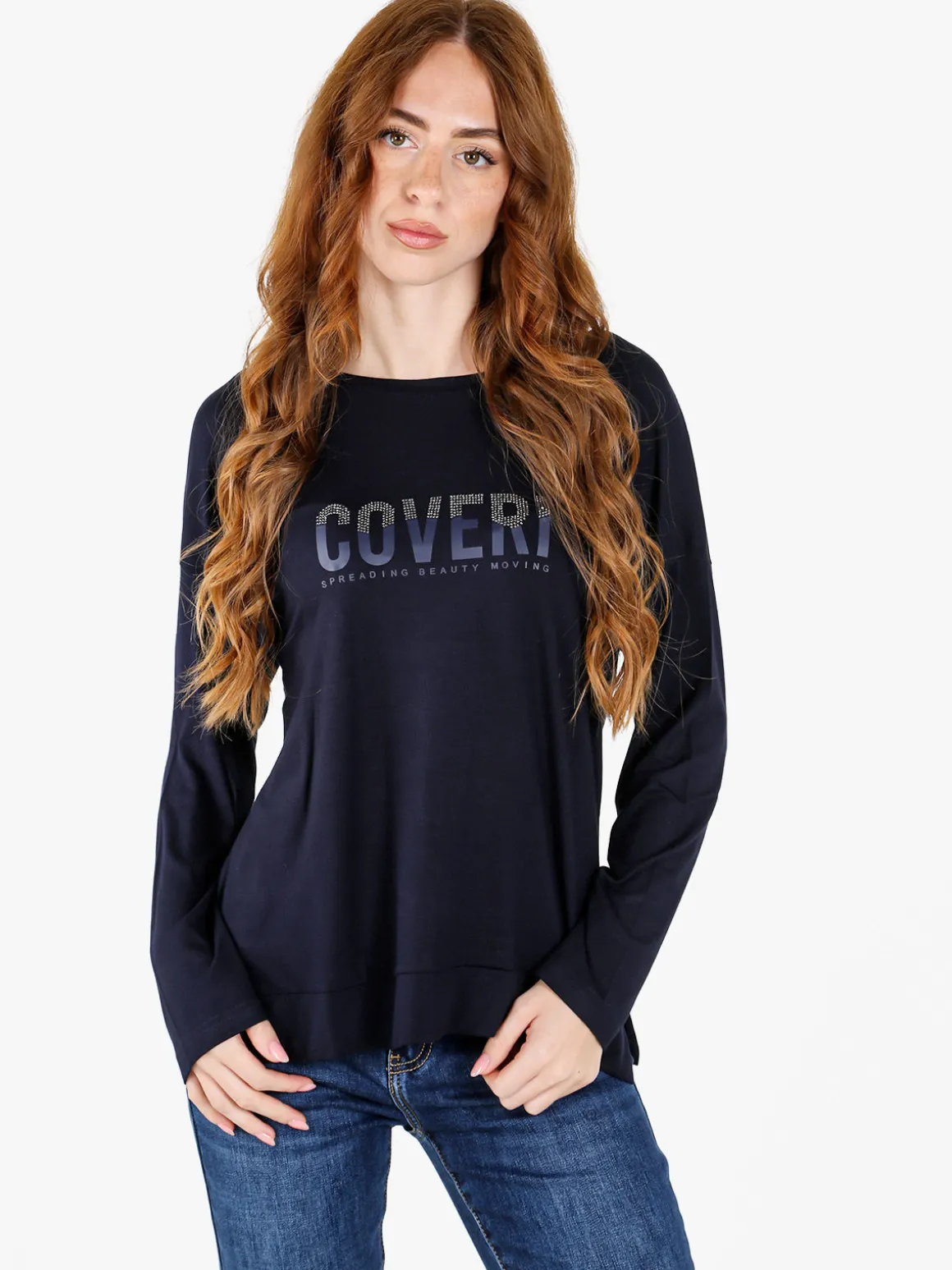 Coveri Moving T-shirt donna a maniche lunghe con strass - blu scuro