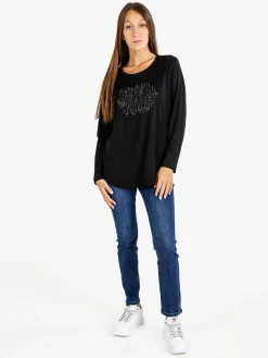 Coveri Moving T-shirt donna a maniche lunghe con strass - nero