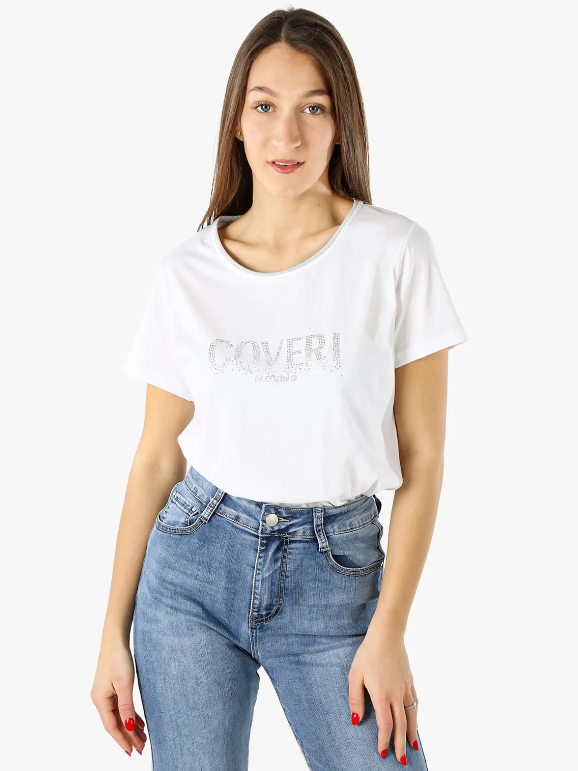 Coveri Moving T-shirt donna in cotone con strass - bianco