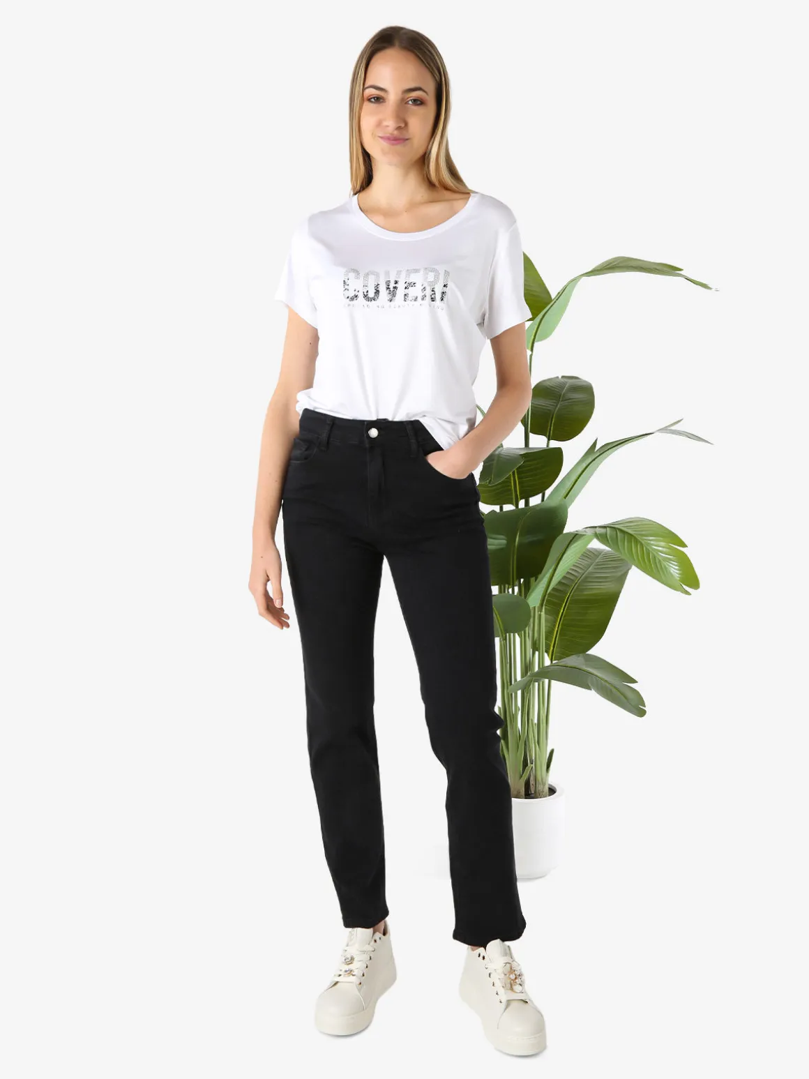 Coveri Moving T-shirt donna in cotone con logo di strass - nero