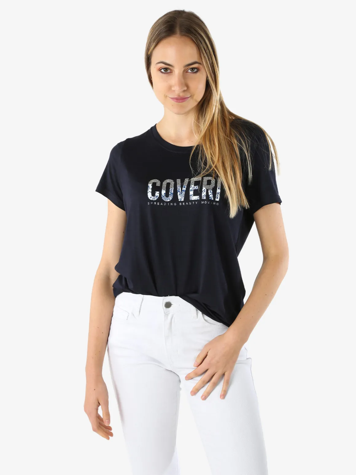 Coveri Moving T-shirt donna in viscosa con strass - blu scuro