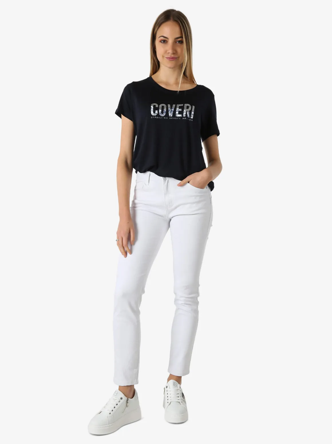 Coveri Moving T-shirt donna in viscosa con strass - blu scuro