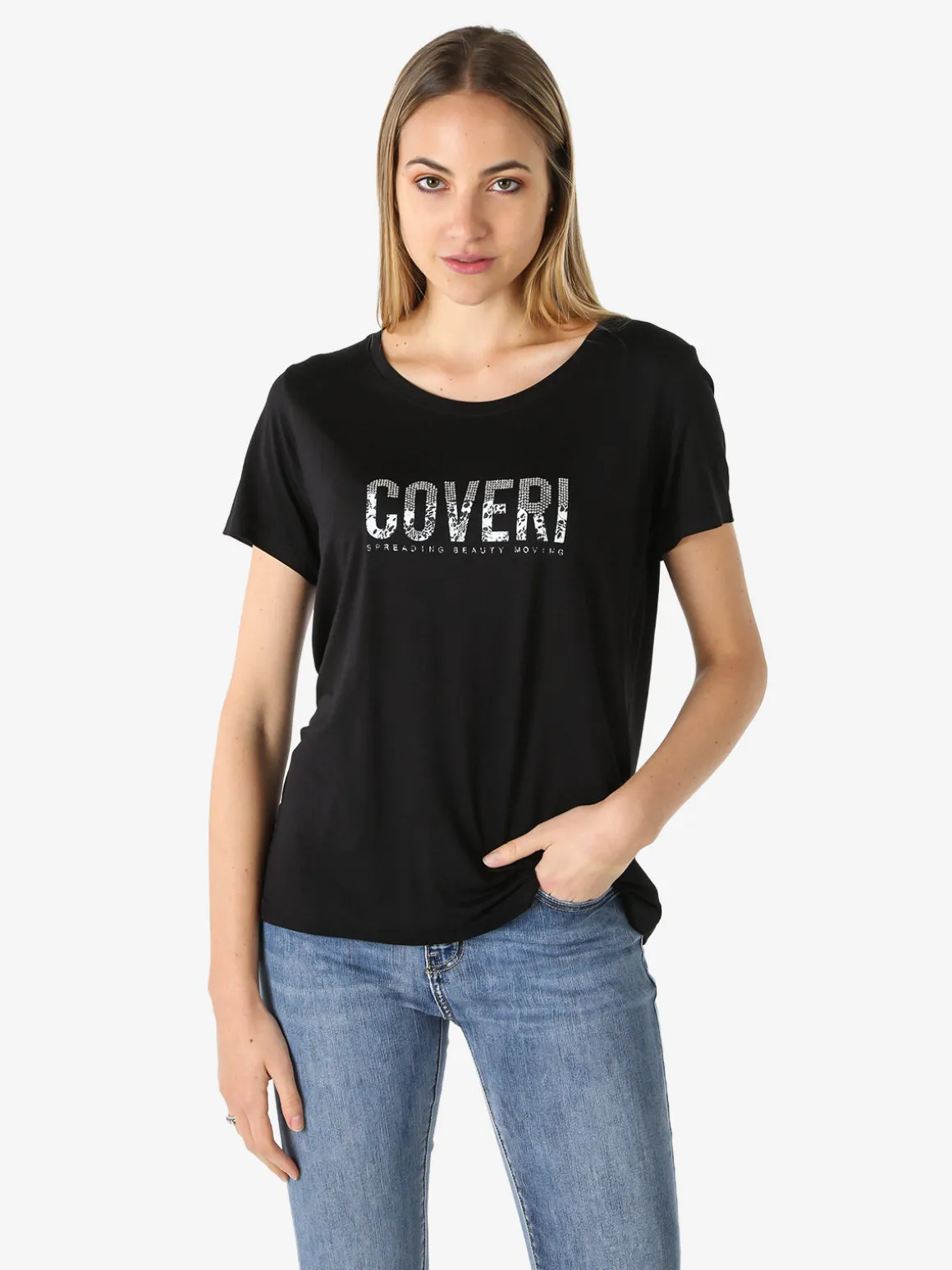 Coveri Moving T-shirt donna in viscosa con strass - nero