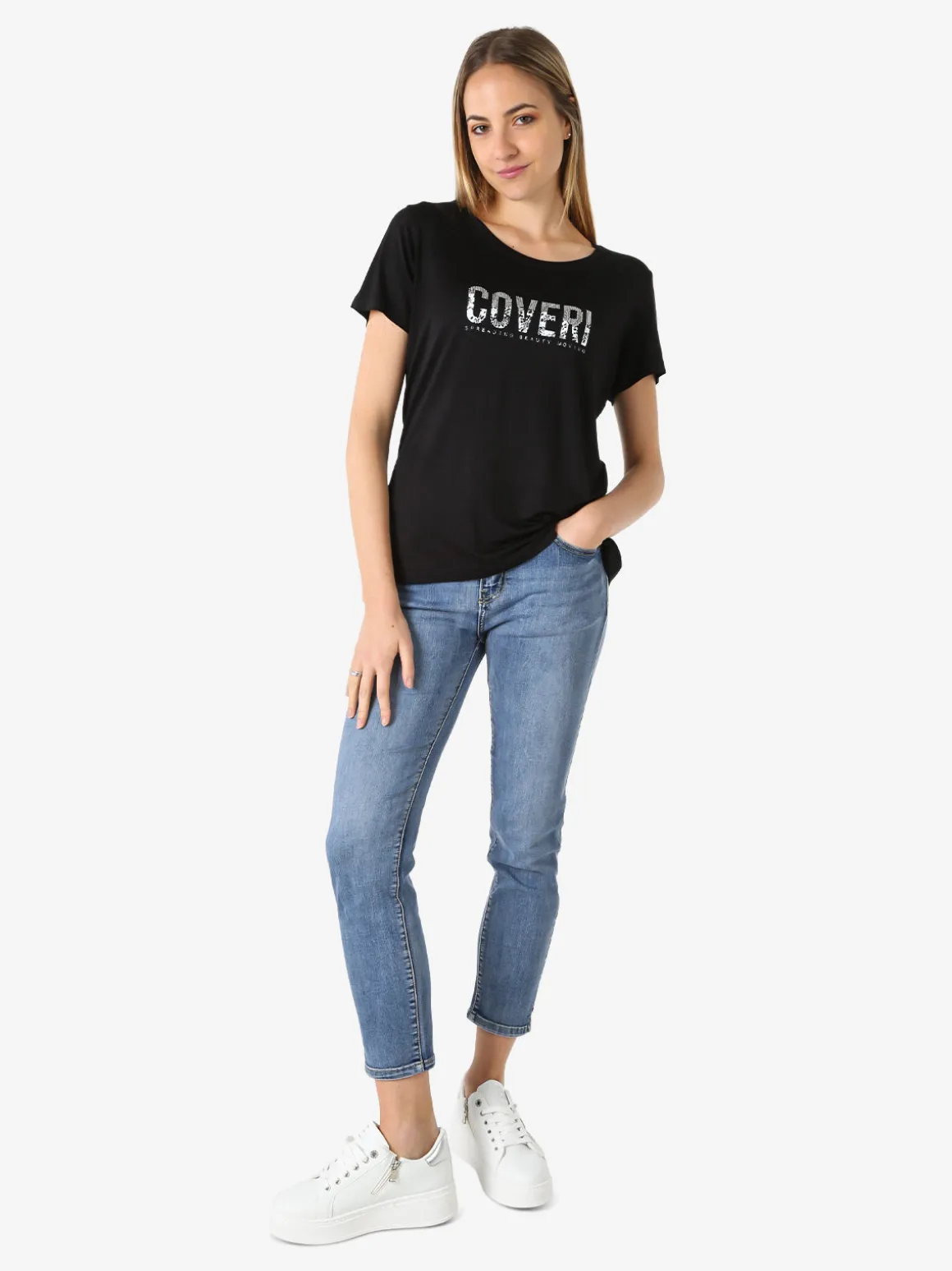 Coveri Moving T-shirt donna in viscosa con strass - nero